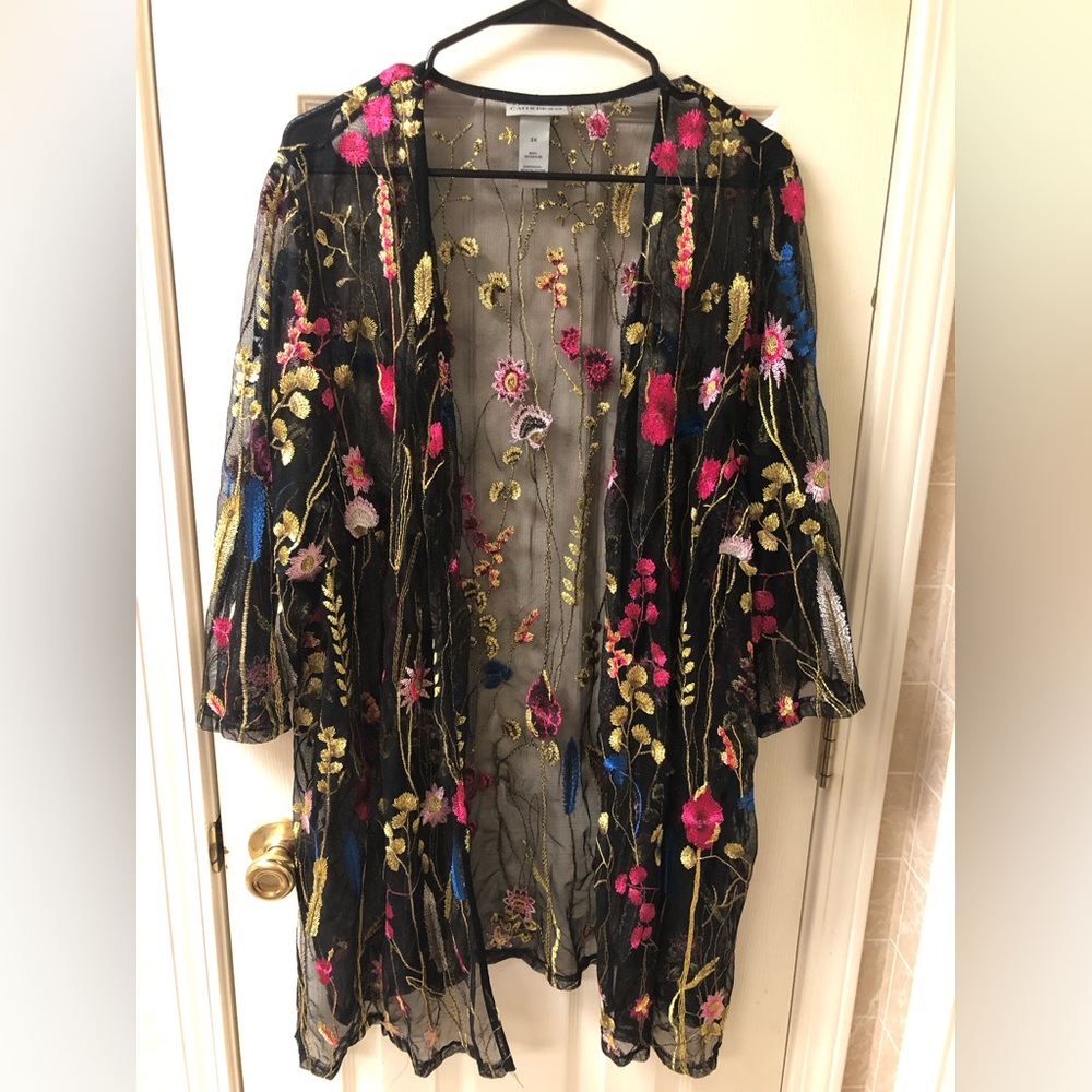 Catherine’s Floral cardigan. Black sheer with floral print. Size 3X